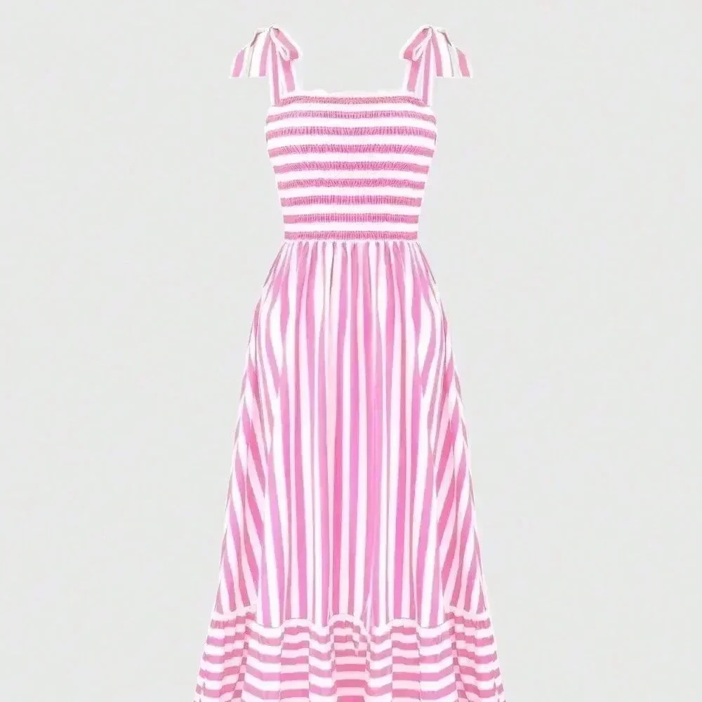 Pink Boho Women's Shoulder Strap Chest Gathered Striped Dress - Picture 3 of 5